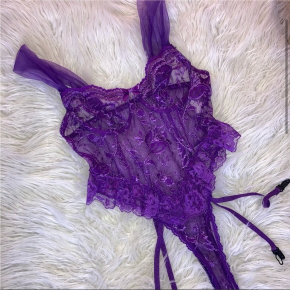 Vintage 80s High Cut Purple Lace Pinup Body Suit Teddy - Picture 3 of 9